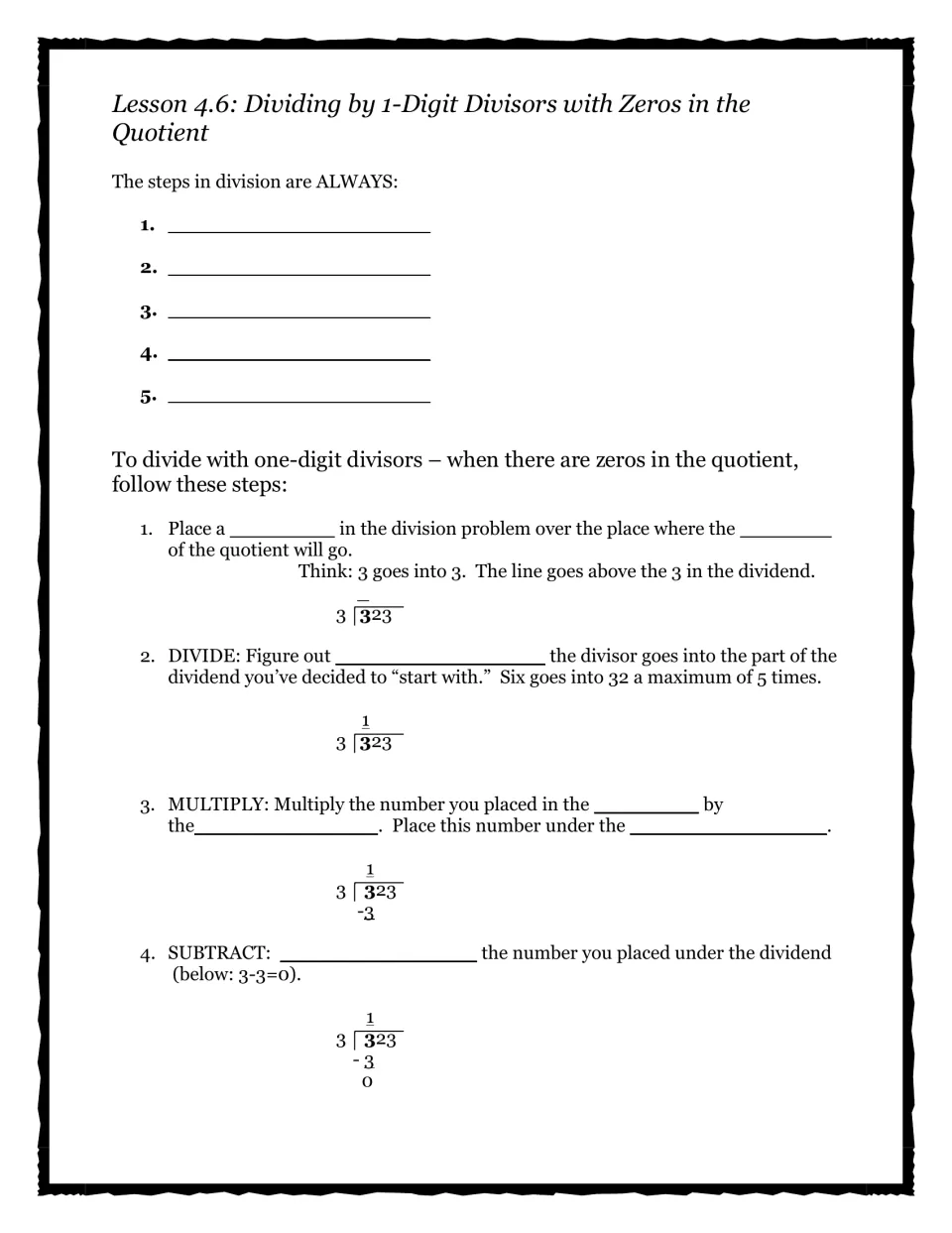 Zeros in the quotient: students list the five division steps and fill in blanks for the first steps of dividing 323 by 3