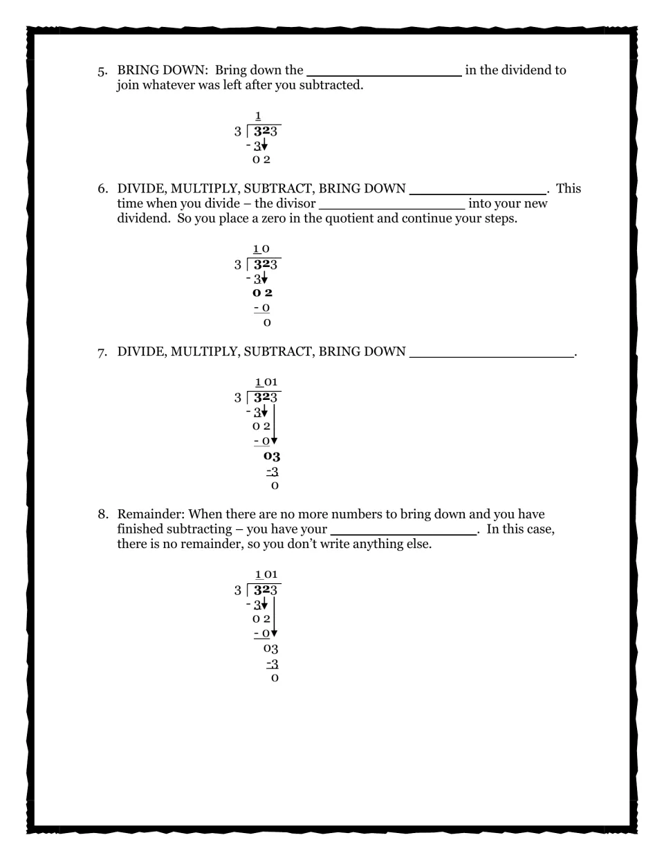 Zeros in the quotient continued: students fill in why a zero goes in the quotient as 323÷3 is worked through to 101