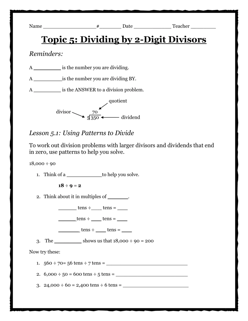 Division vocabulary and Lesson 5.1 patterns: students fill in dividend, divisor, quotient, then solve 560 ÷ 70 using tens