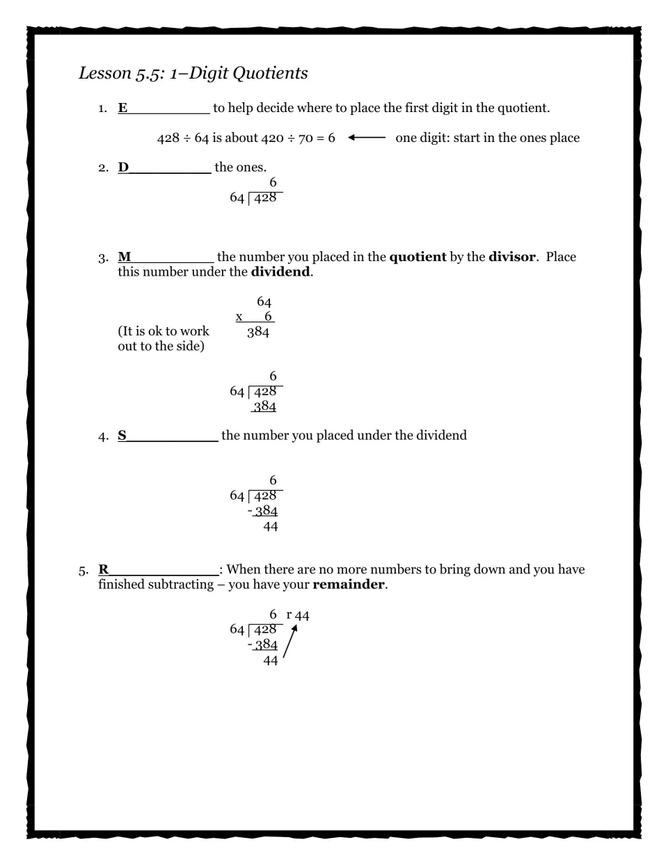 Lesson 5.5 one-digit quotients: students estimate 428 ÷ 64, then divide, multiply, subtract and find the remainder of 44