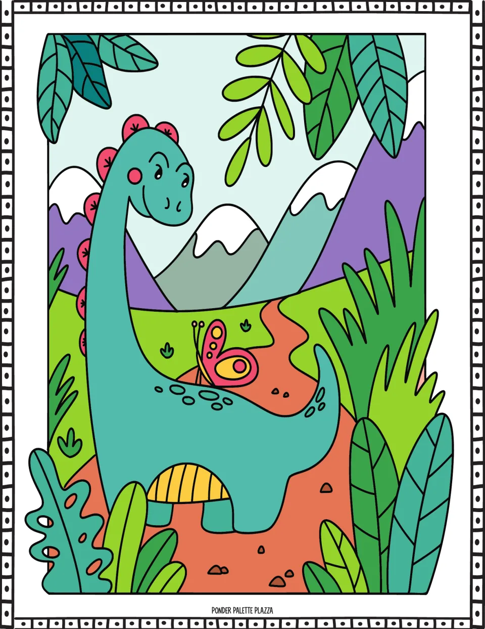 Colored example of a long-necked dinosaur with a butterfly on its back, set among jungle leaves and snowy mountains
