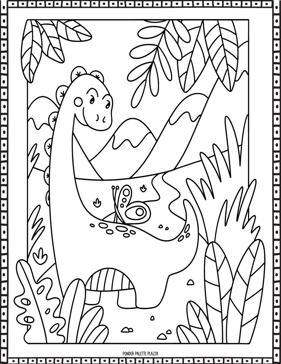 Dinosaur coloring page: students color a smiling long-necked dinosaur, a butterfly, jungle plants and mountains