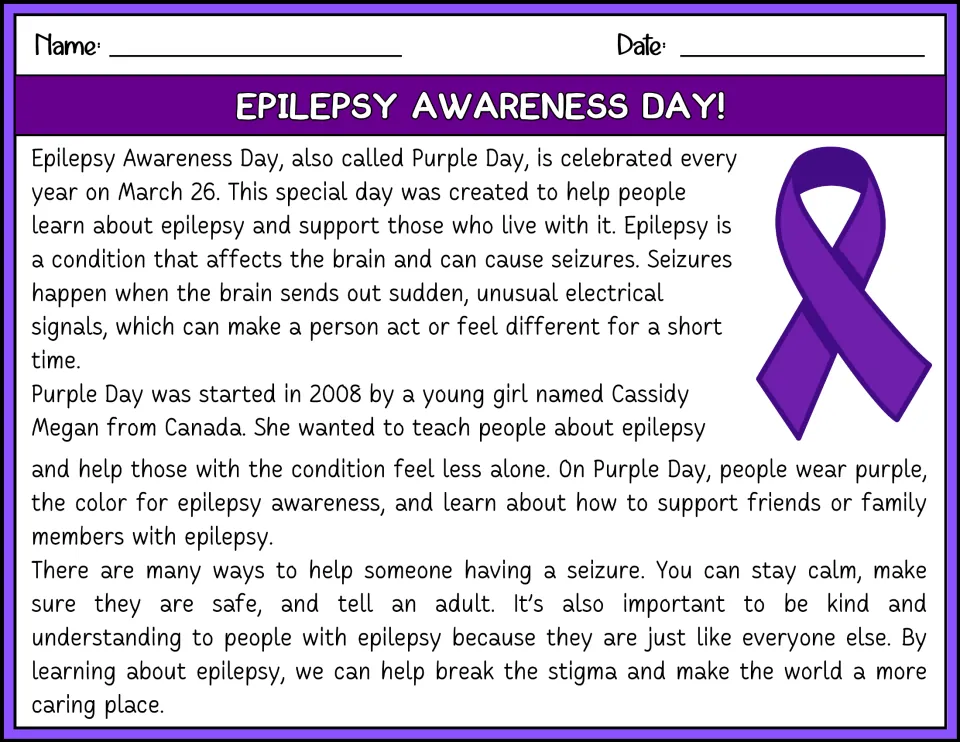 Color reading passage about Purple Day on March 26, founder Cassidy Megan, epilepsy, and supporting others