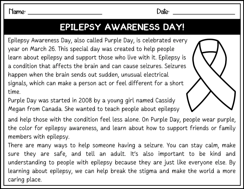 Black-and-white reading passage about Purple Day, its founding in 2008, epilepsy, and supporting others