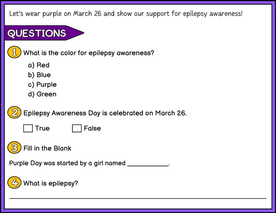 Color comprehension questions 1–4 ask about the awareness color, March 26, Purple Day's founder, and epilepsy