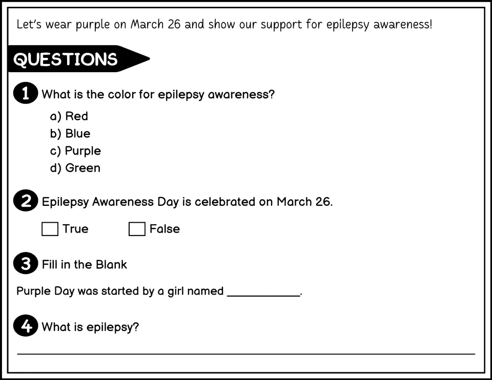 Black-and-white questions 1–4 cover the awareness color, Purple Day's date and founder, and what epilepsy is