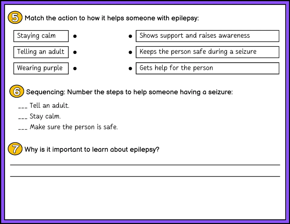 Color questions 5–7 ask students to match supportive actions, sequence seizure help, and explain awareness