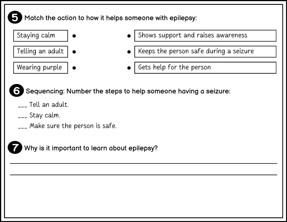 Black-and-white questions 5–7 include matching actions, ordering seizure help, and explaining awareness