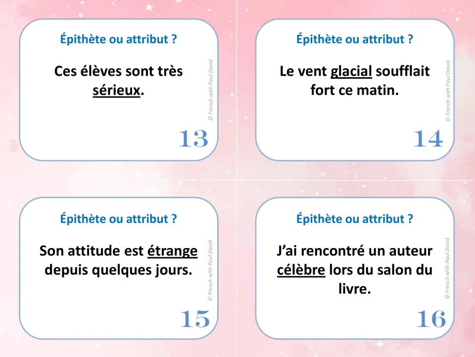 Cards 13-16: adjective role practice with sérieux, glacial, étrange and célèbre underlined in French sentences to classify