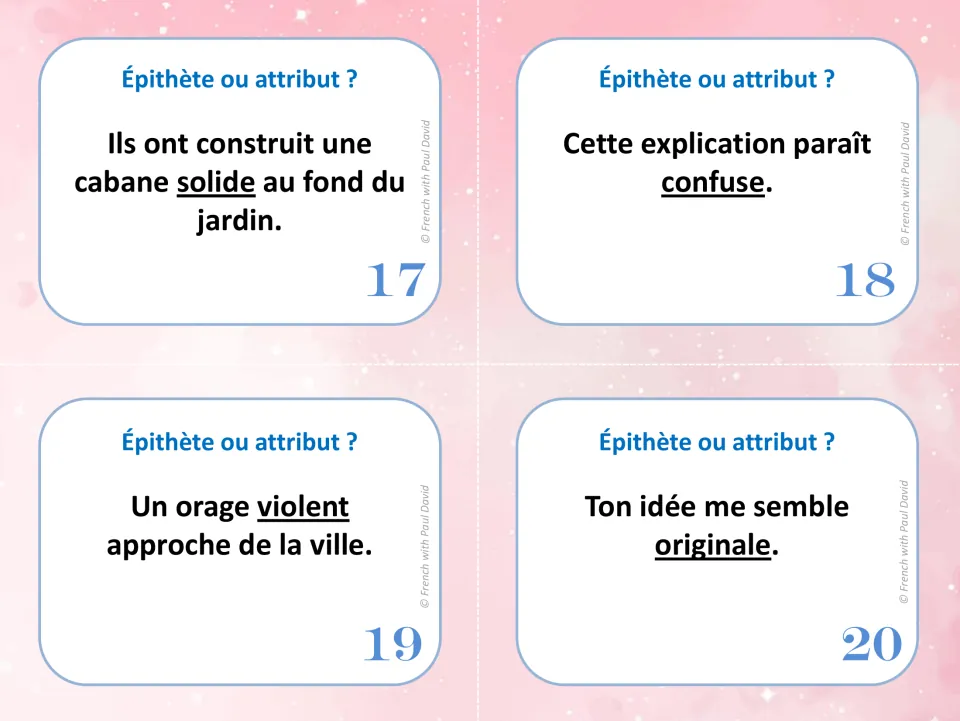Cards 17-20: decide whether solide, confuse, violent and originale describe a noun directly or follow a verb like sembler