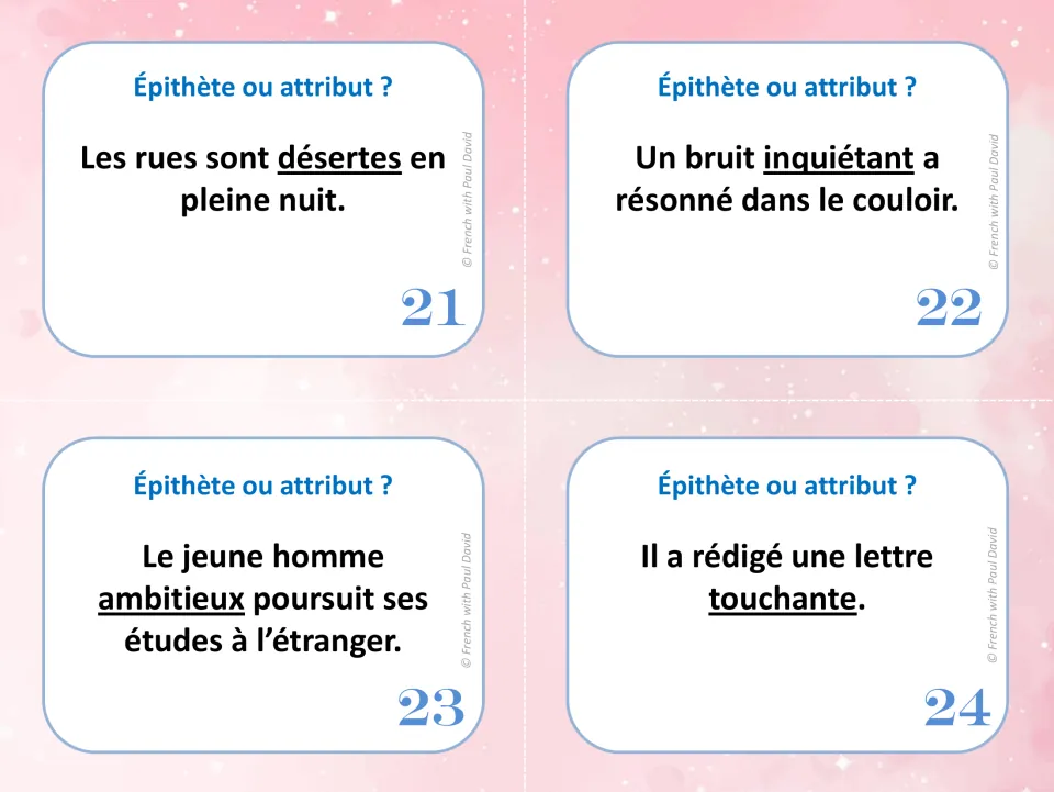 Cards 21-24: students name the function of désertes, inquiétant, ambitieux and touchante, underlined in each sentence