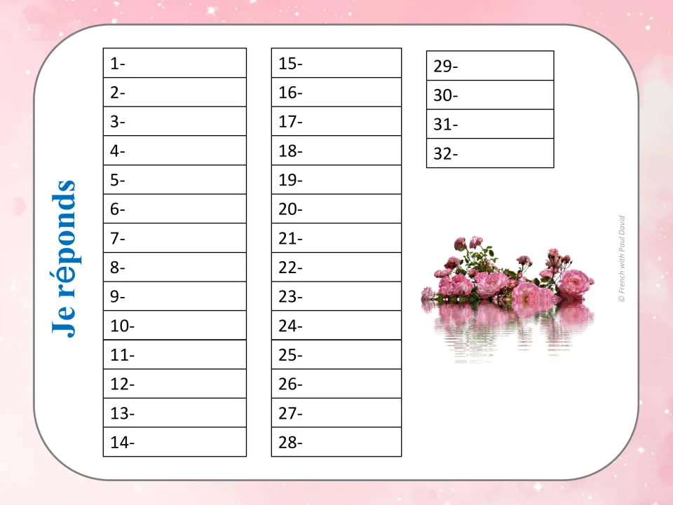 Je réponds recording sheet: students write épithète or attribut beside numbers 1 to 32, one for each task card