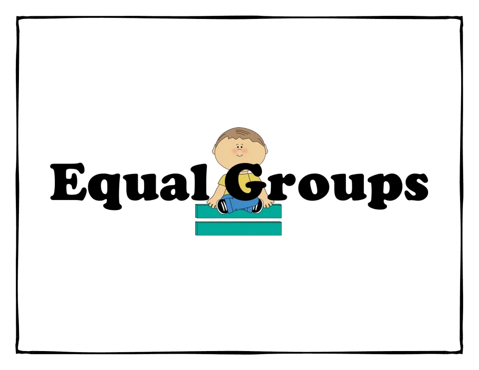 Equal Groups title cover showing a smiling cartoon boy seated on a teal equals sign between the two title words