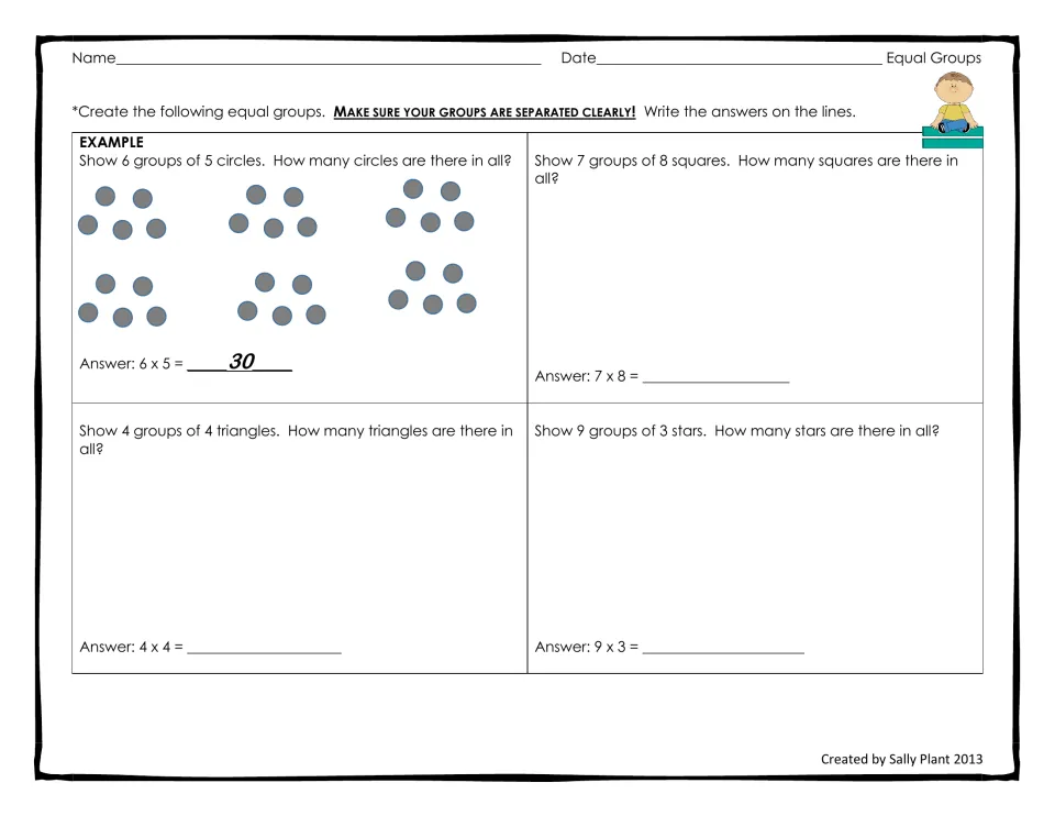 Drawing equal groups: students sketch sets such as 7 groups of 8 squares and 9 groups of 3 stars, then write each product