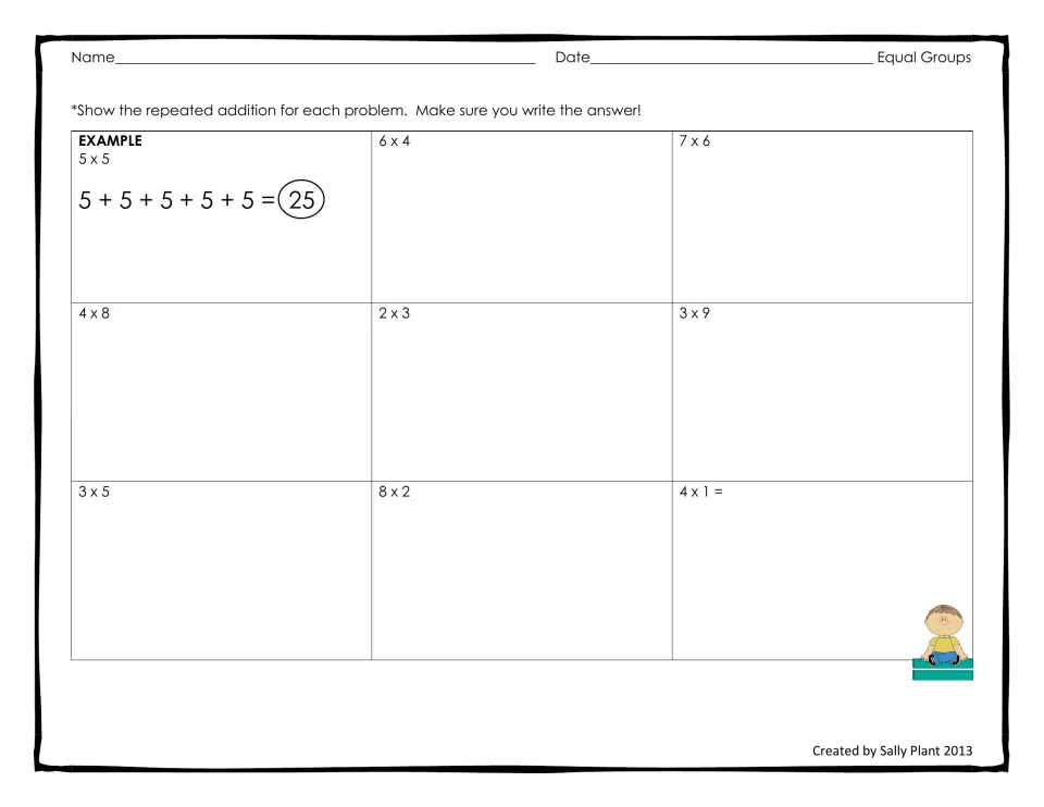 Repeated addition: students rewrite facts like 6 x 4, 7 x 6 and 3 x 9 as addition sentences, after a 5 x 5 = 25 example