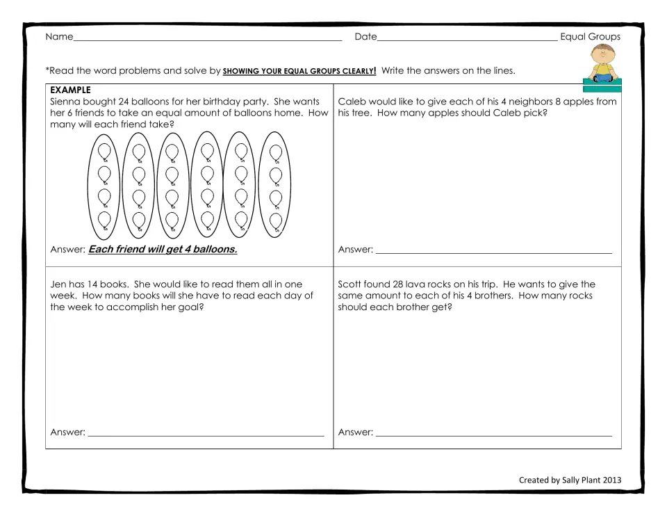 Grouping word problems: students draw groups to solve stories about apples, 14 books and 28 lava rocks