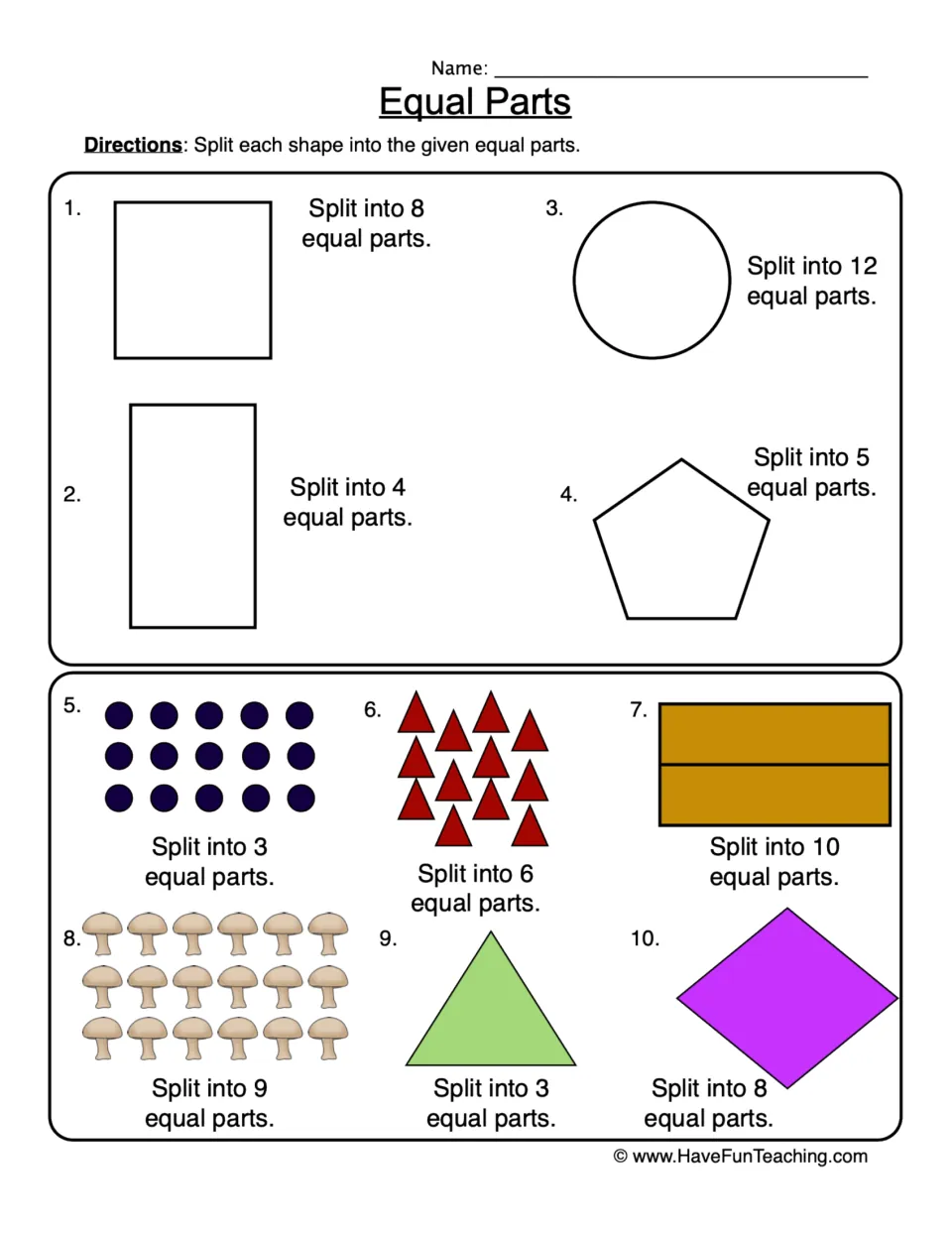 Equal parts: students divide 10 shapes and object groups, such as a circle, pentagon and 18 mushrooms, into 3 to 12 parts