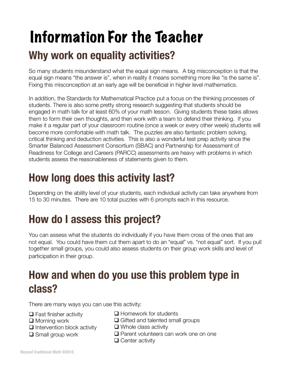 Teacher guidance explains equality, 15–30 minute puzzle sessions, assessment, and classroom uses