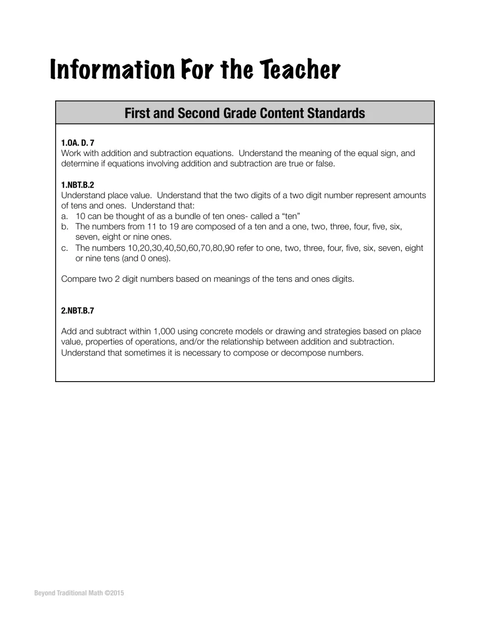 Teacher reference lists first- and second-grade standards for equality, place value, addition, and subtraction