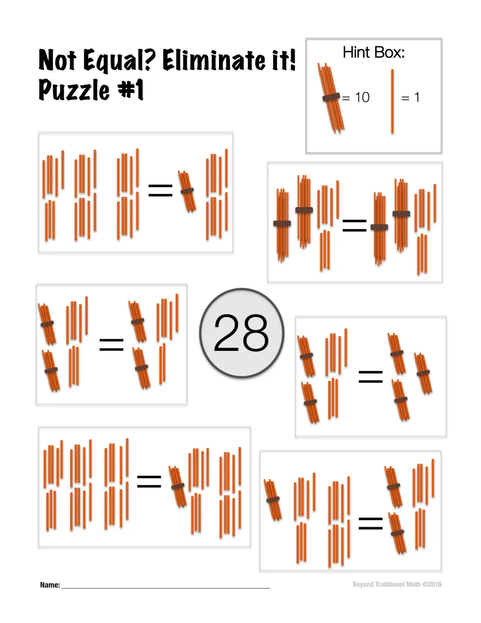 Puzzle 1 uses bundled tens and single sticks in six equality statements to evaluate for the number 28