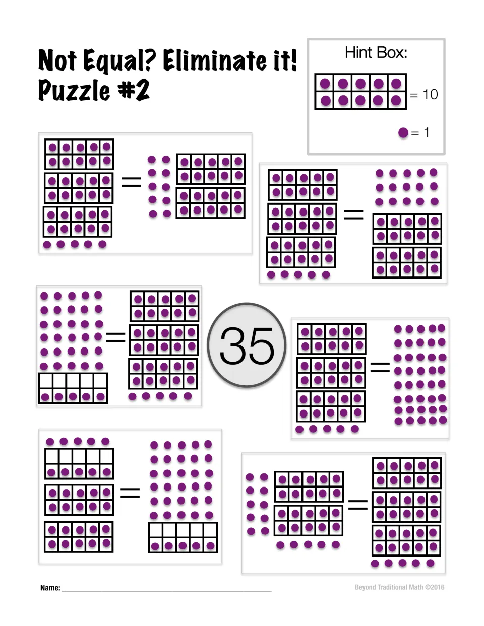 Puzzle 2 uses ten-frames and individual counters in six equality statements to evaluate for the number 35