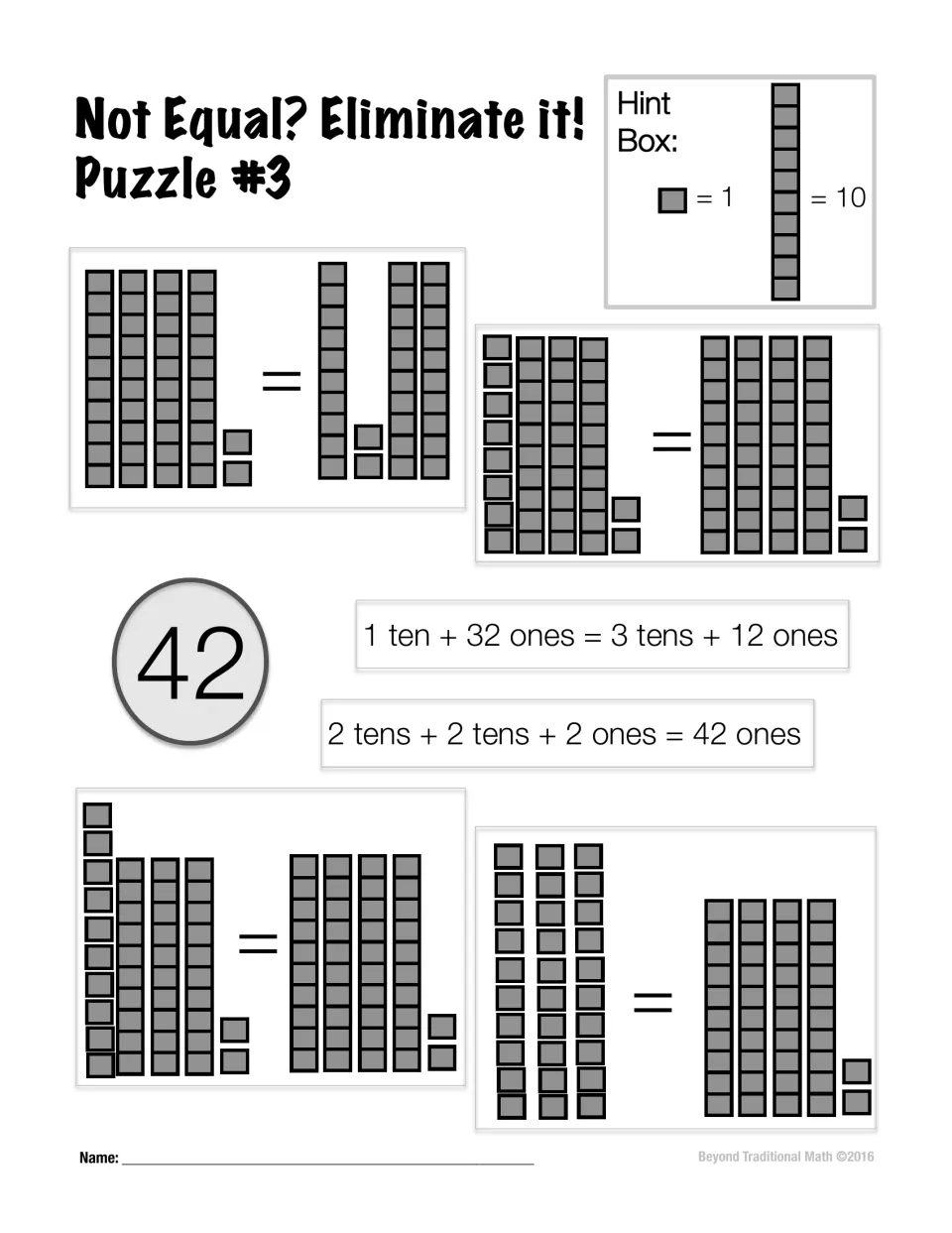 Puzzle 3 presents six equality statements for 42 using base-ten blocks and written combinations of tens and ones