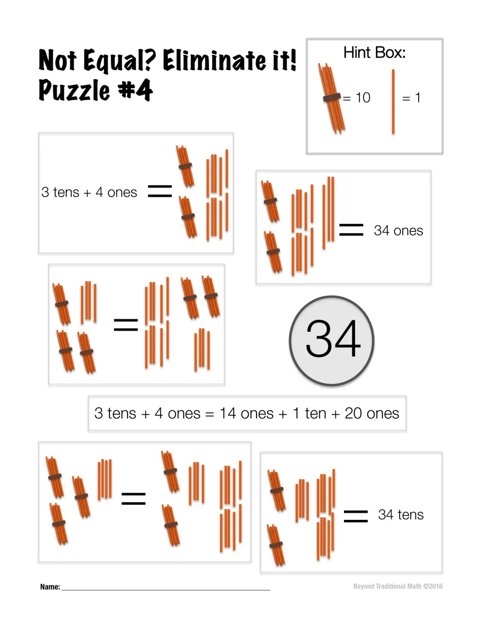 Puzzle 4 presents six equality statements for 34 using stick bundles, single sticks, and tens-and-ones wording