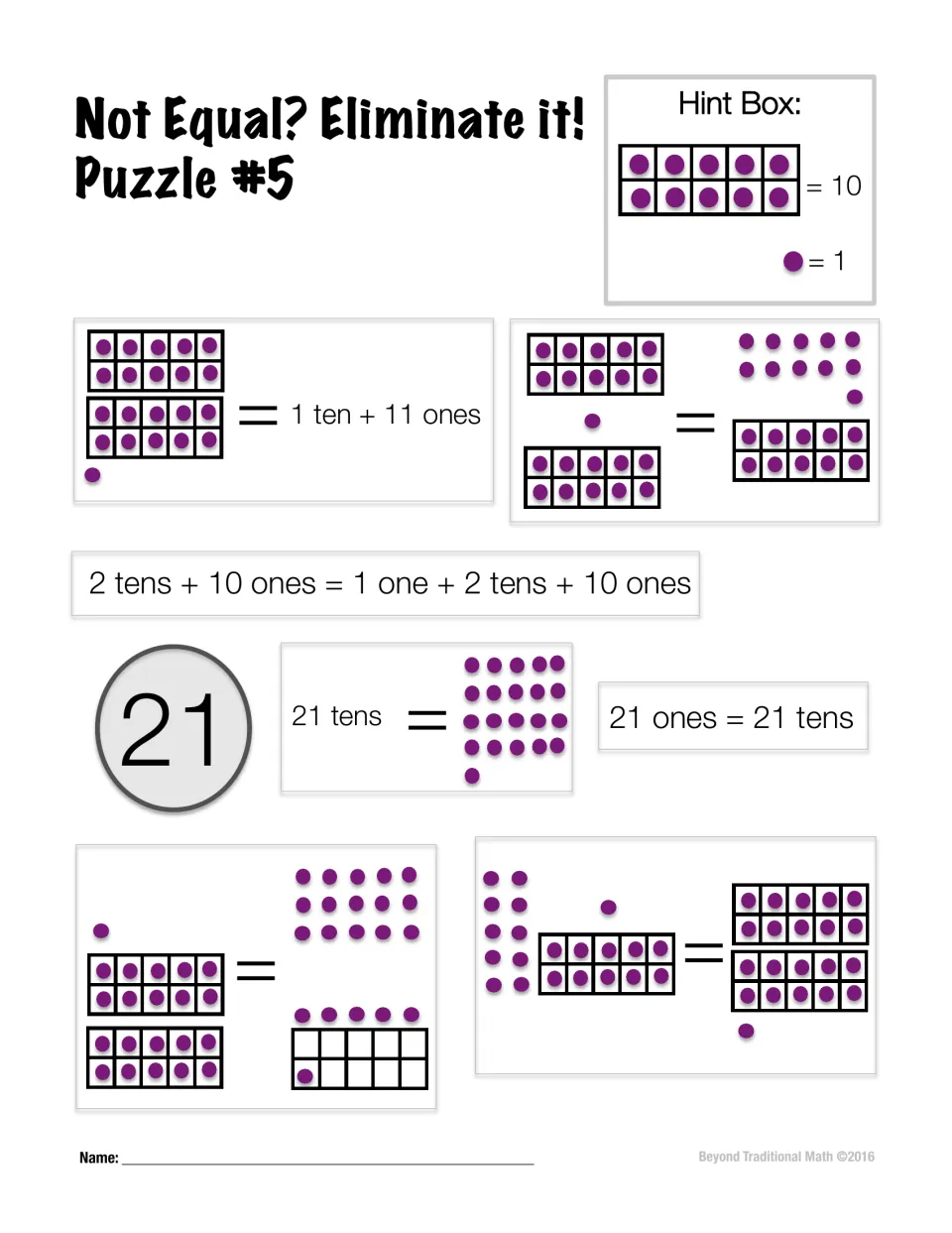 Puzzle 5 presents eight equality statements for 21 using ten-frames, counters, and written tens and ones