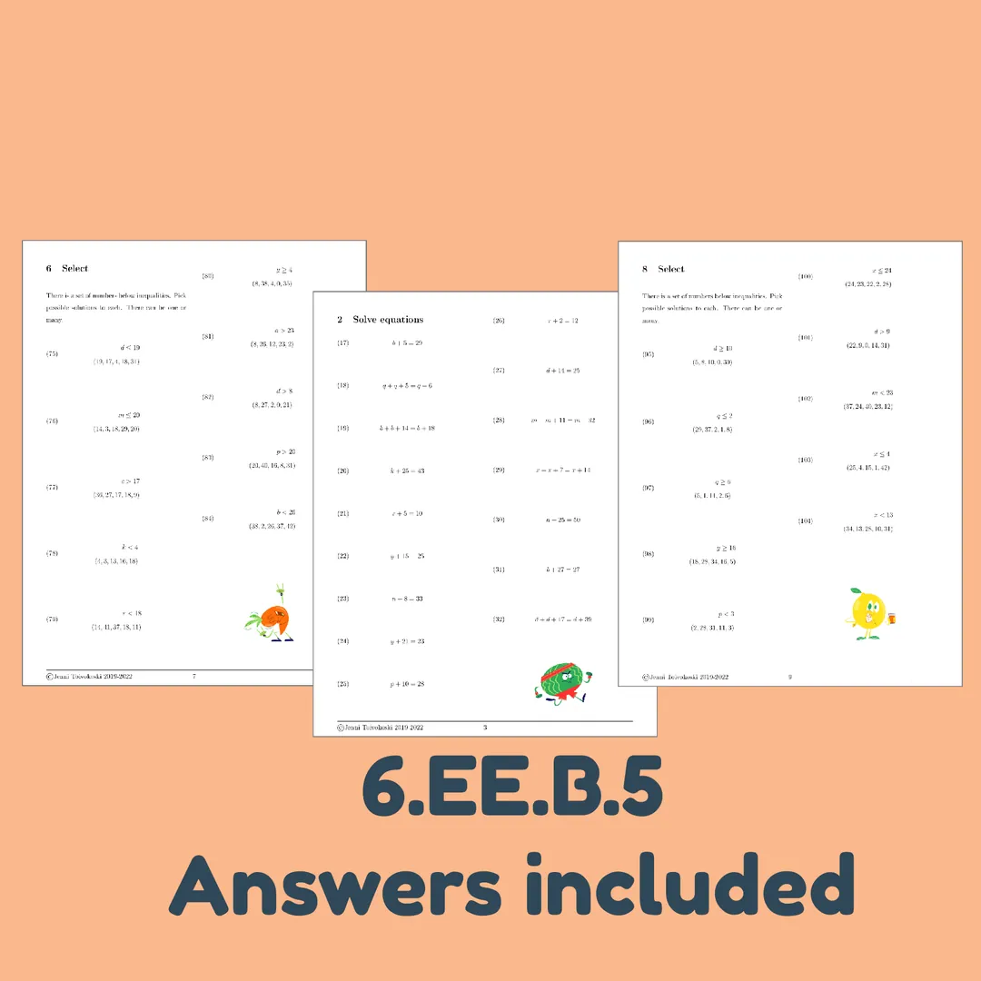 Equations and Inequalities Worksheet for 6th Grade – cover