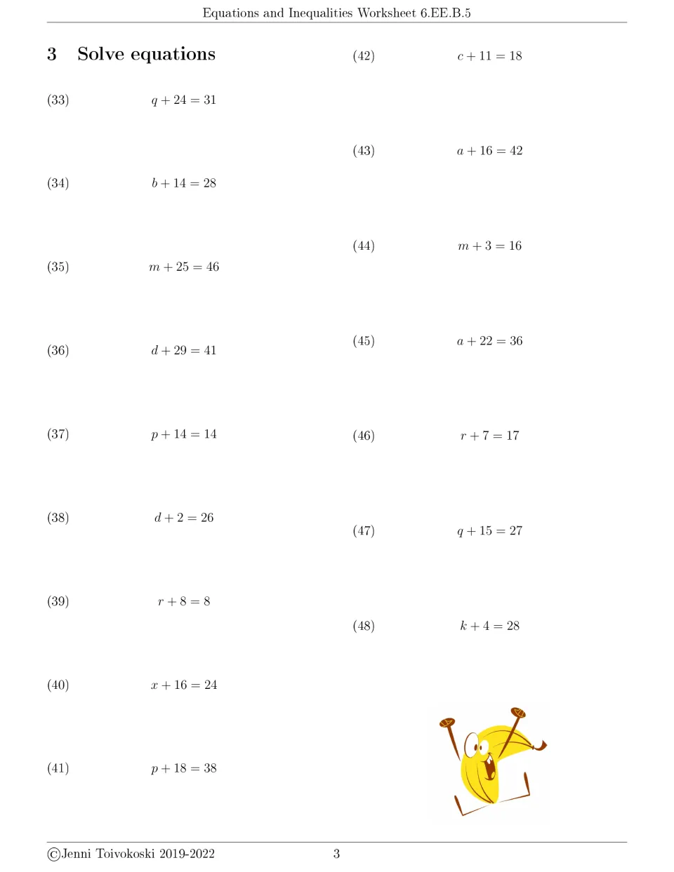 Solve equations, part 3: students solve problems 33 to 48, one-step addition equations such as q + 24 = 31 and r + 8 = 8