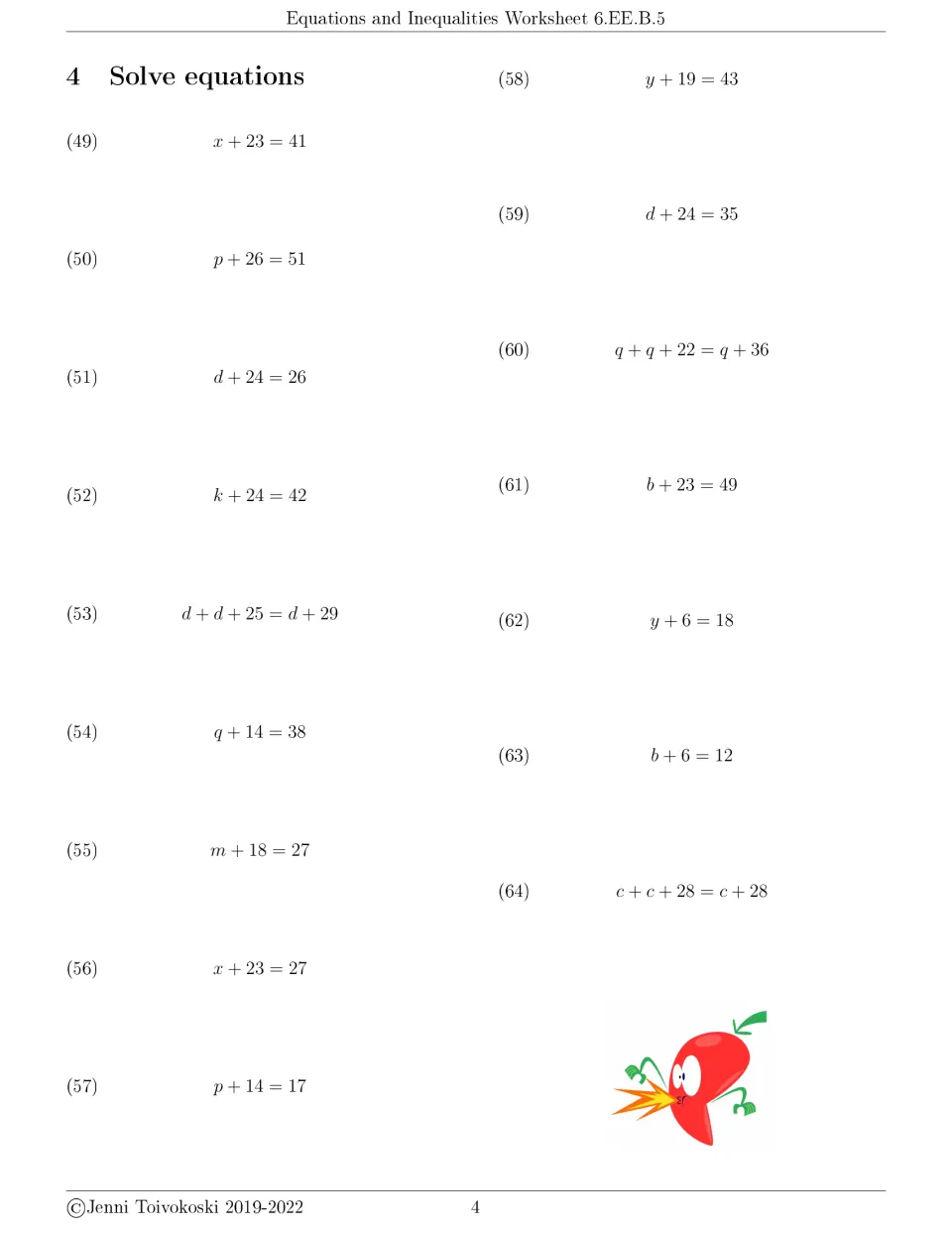 Solve equations, part 4: problems 49 to 64, one-step equations plus ones like d + d + 25 = d + 29 and c + c + 28 = c + 28