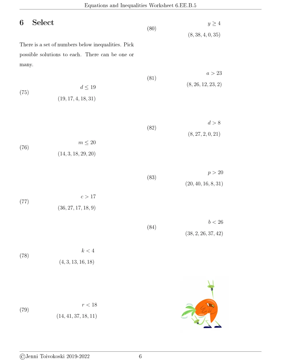 Select, part 6: test sets of five numbers against inequalities like d ≤ 19 and a > 23 to find all solutions, items 75 to 84