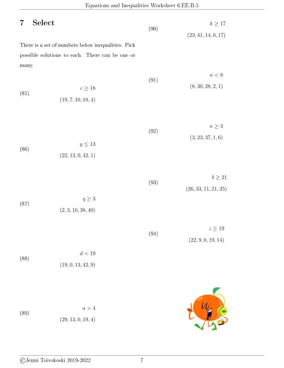 Select, part 7: students check which listed numbers make inequalities such as c ≥ 18 and n < 8 true, problems 85 to 94