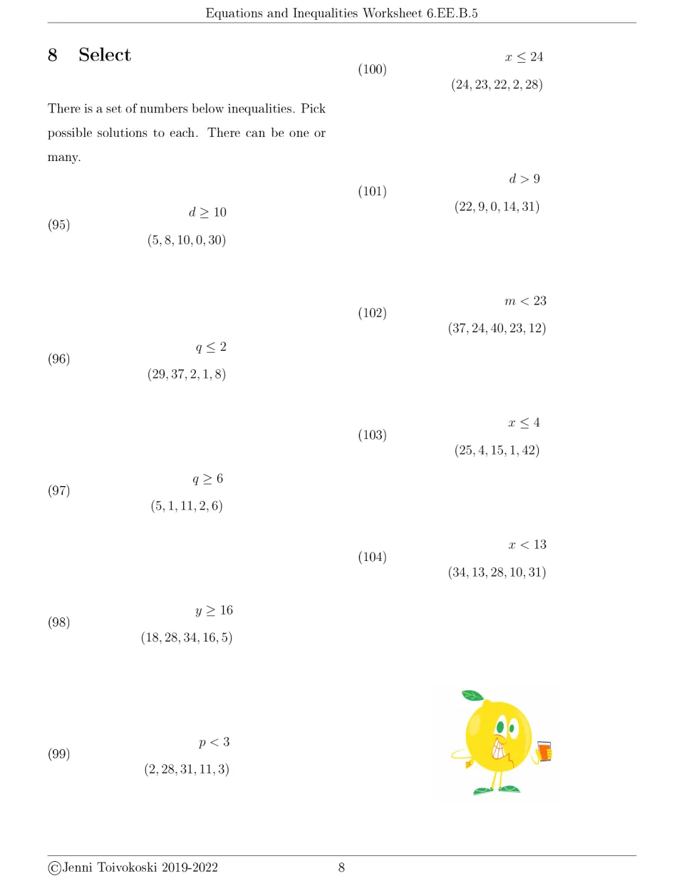 Select, part 8: choosing solutions from number sets for inequalities like d ≥ 10 and x < 13; one or many answers, 95 to 104