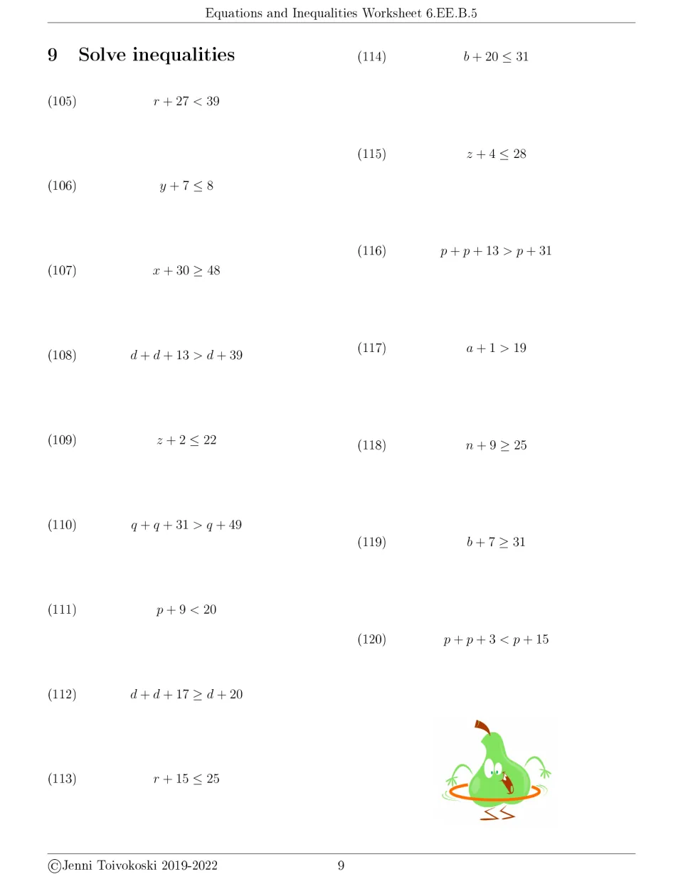 Solve inequalities, part 9: students solve problems 105 to 120, such as r + 27 < 39 and p + p + 13 > p + 31