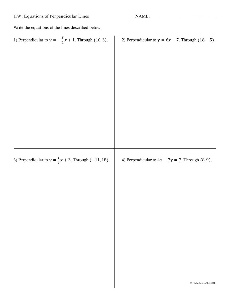 Perpendicular lines homework, items 1-4: students write each line's equation from a given line like y = 6x - 7 and a point