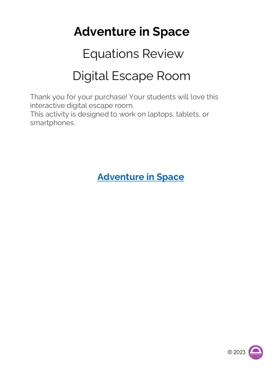 Adventure in Space Equations Review digital escape room title page with a link to play on laptops, tablets or phones
