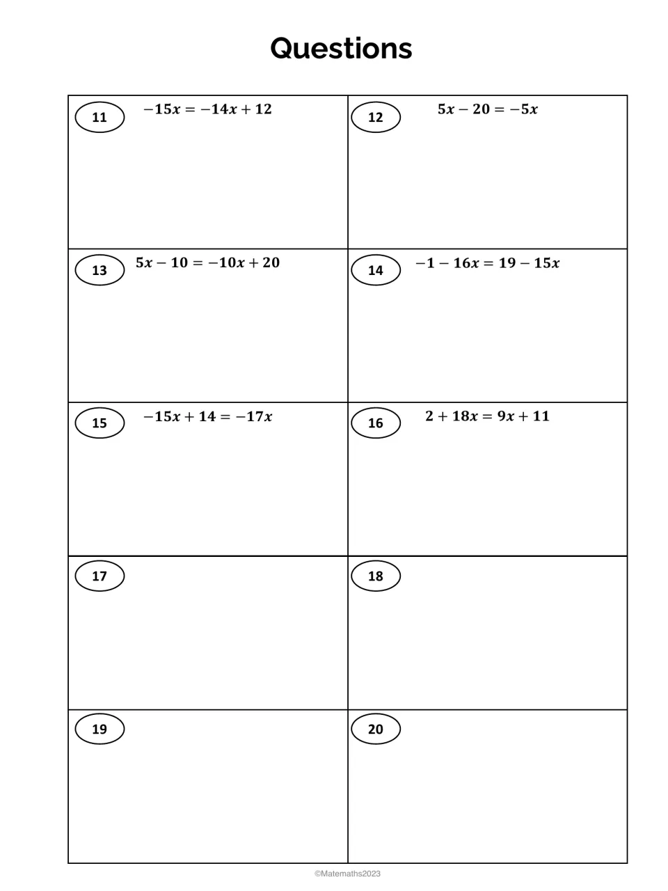 Equations with variables on both sides: students solve questions 11-16, such as 5x - 20 = -5x; spaces 17-20 left blank
