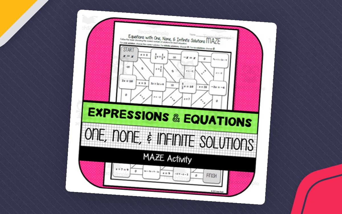 Expressions and Equations maze cover for one, no, or infinitely many solutions