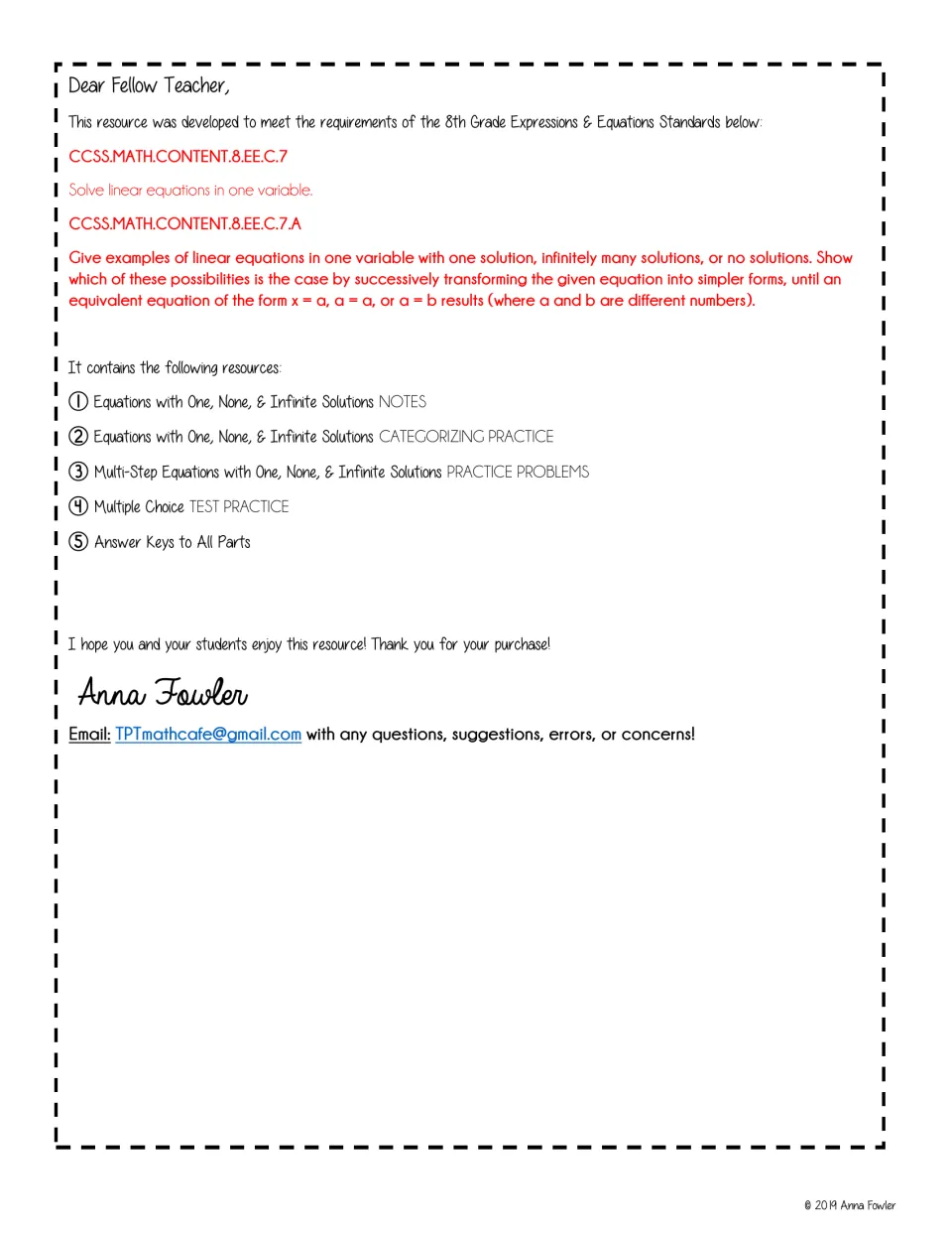 Teacher note listing five parts: notes, categorizing practice, multi-step problems, test practice and answer keys