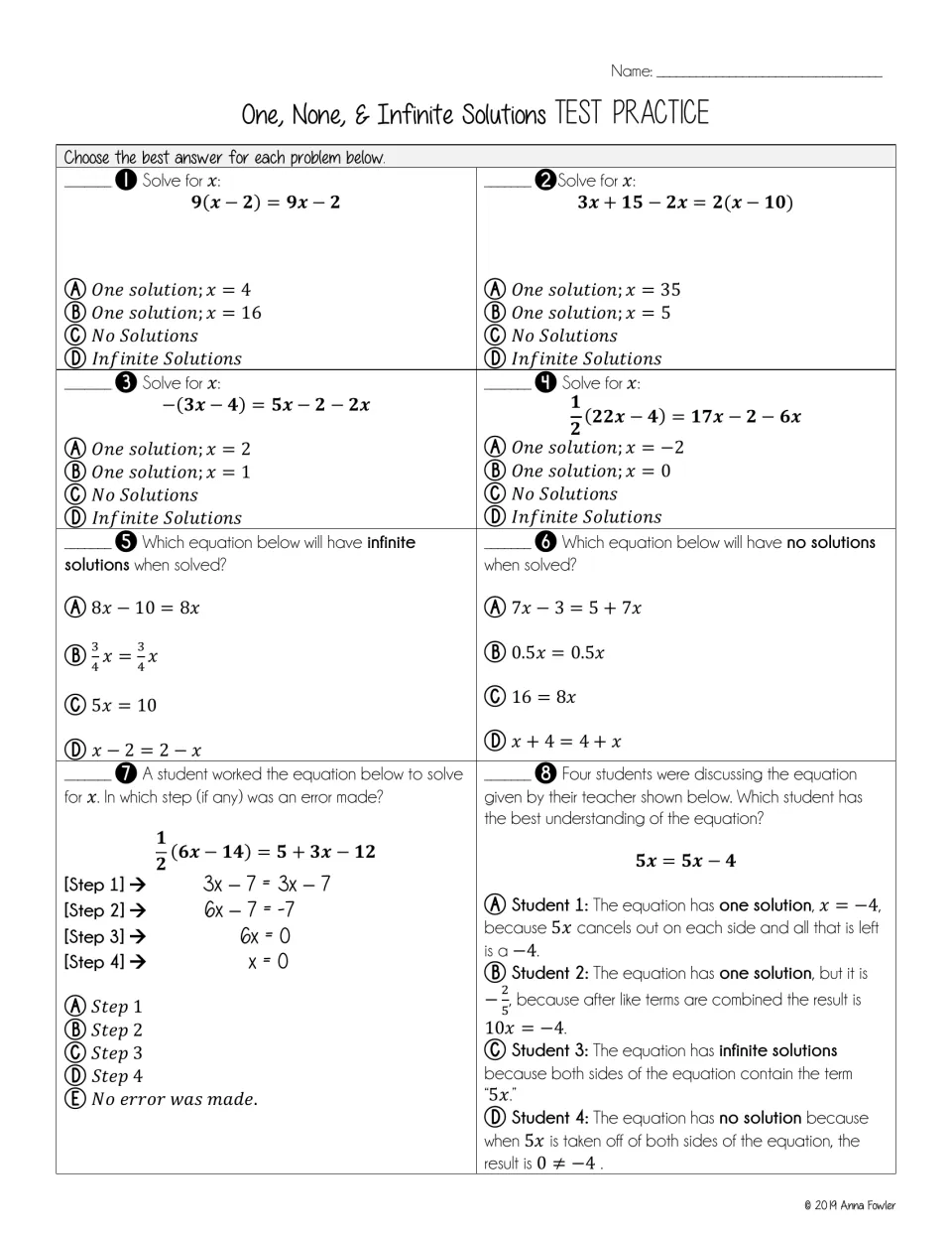 Number-of-solutions test practice: eight multiple-choice items, including error analysis and a student-reasoning question