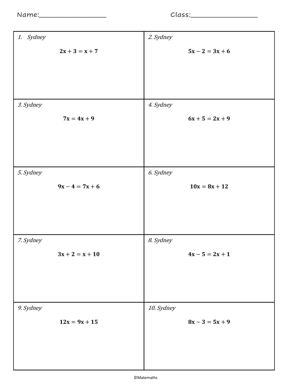 Sydney worksheet: 10 equations with variables on both sides, including 2x + 3 = x + 7 and 7x = 4x + 9