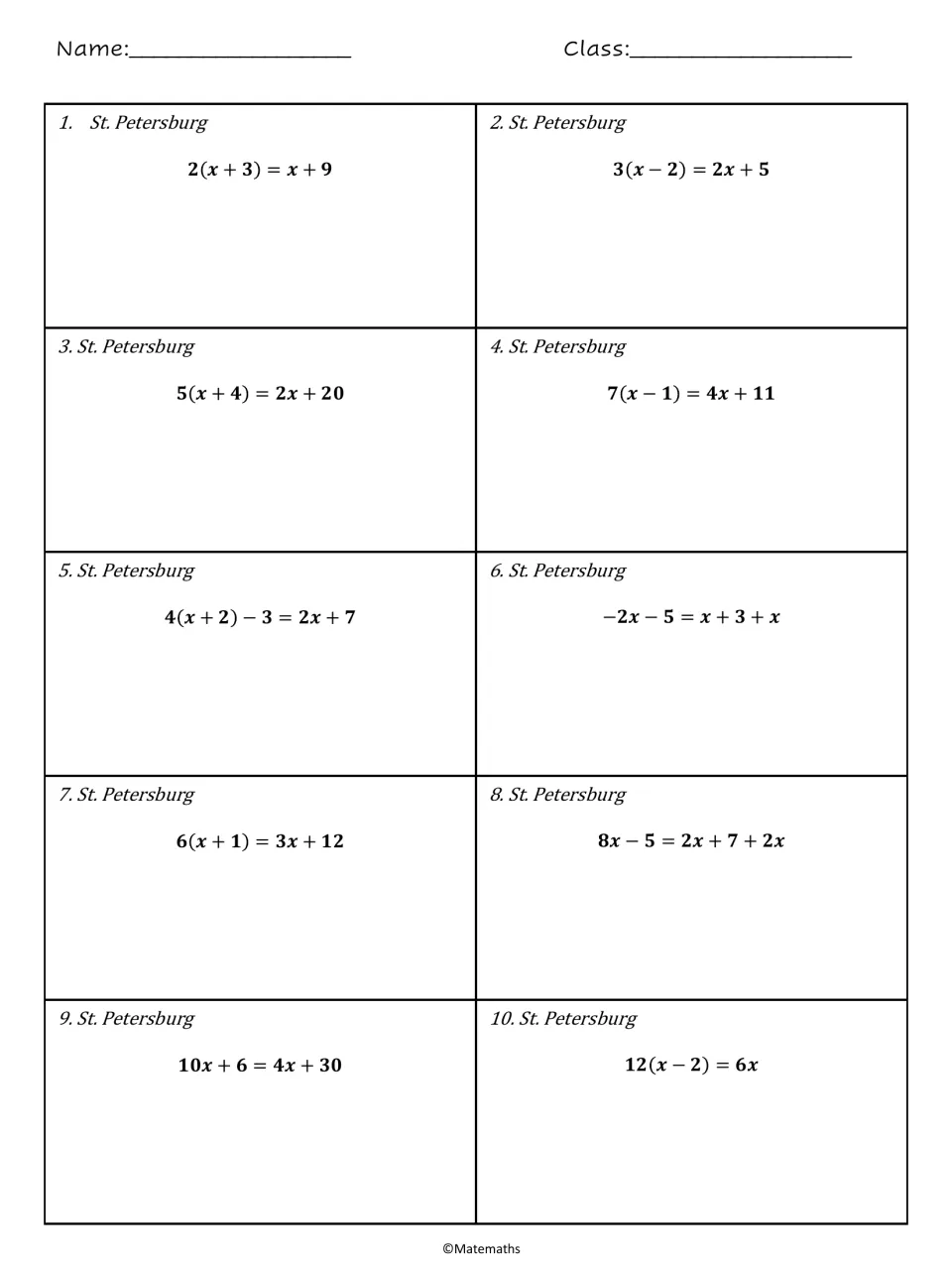 St. Petersburg worksheet: 10 equations using distribution and like terms, including 2(x + 3) = x + 9