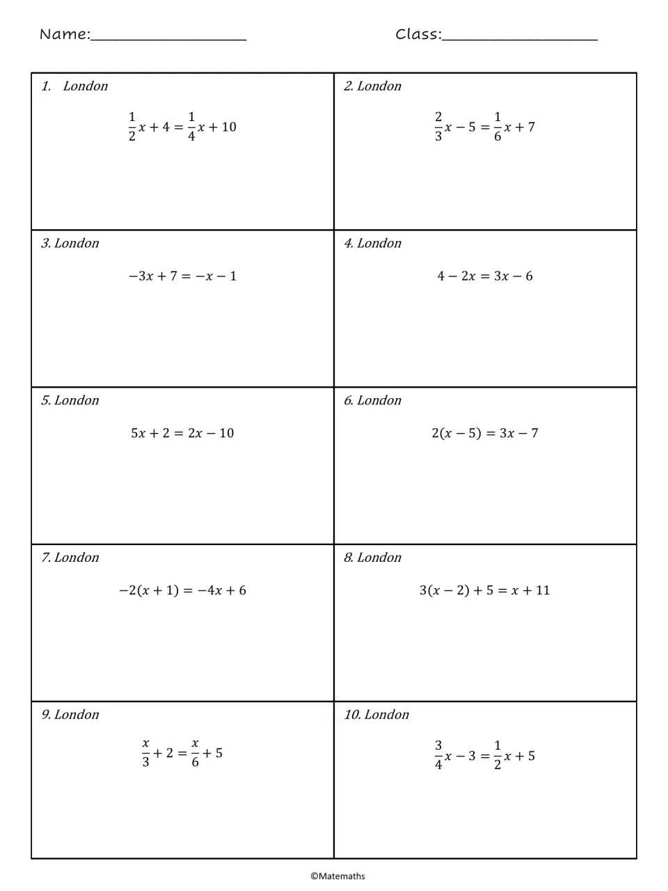 London worksheet: 10 equations featuring fractions, negative terms, and distribution, including 4 − 2x = 3x − 6