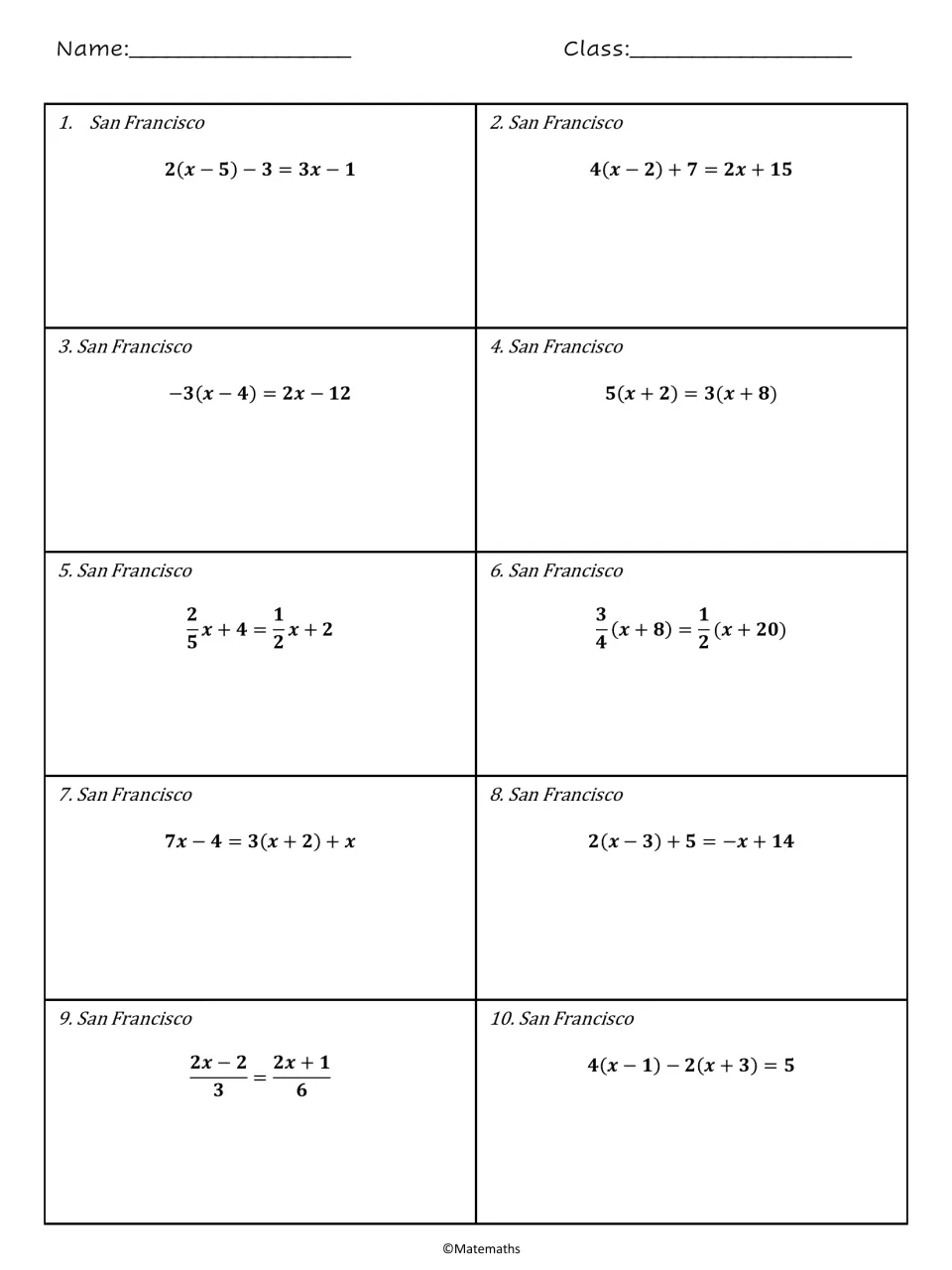 San Francisco worksheet: 10 equations using distribution and fractions, including 5(x + 2) = 3(x + 8)