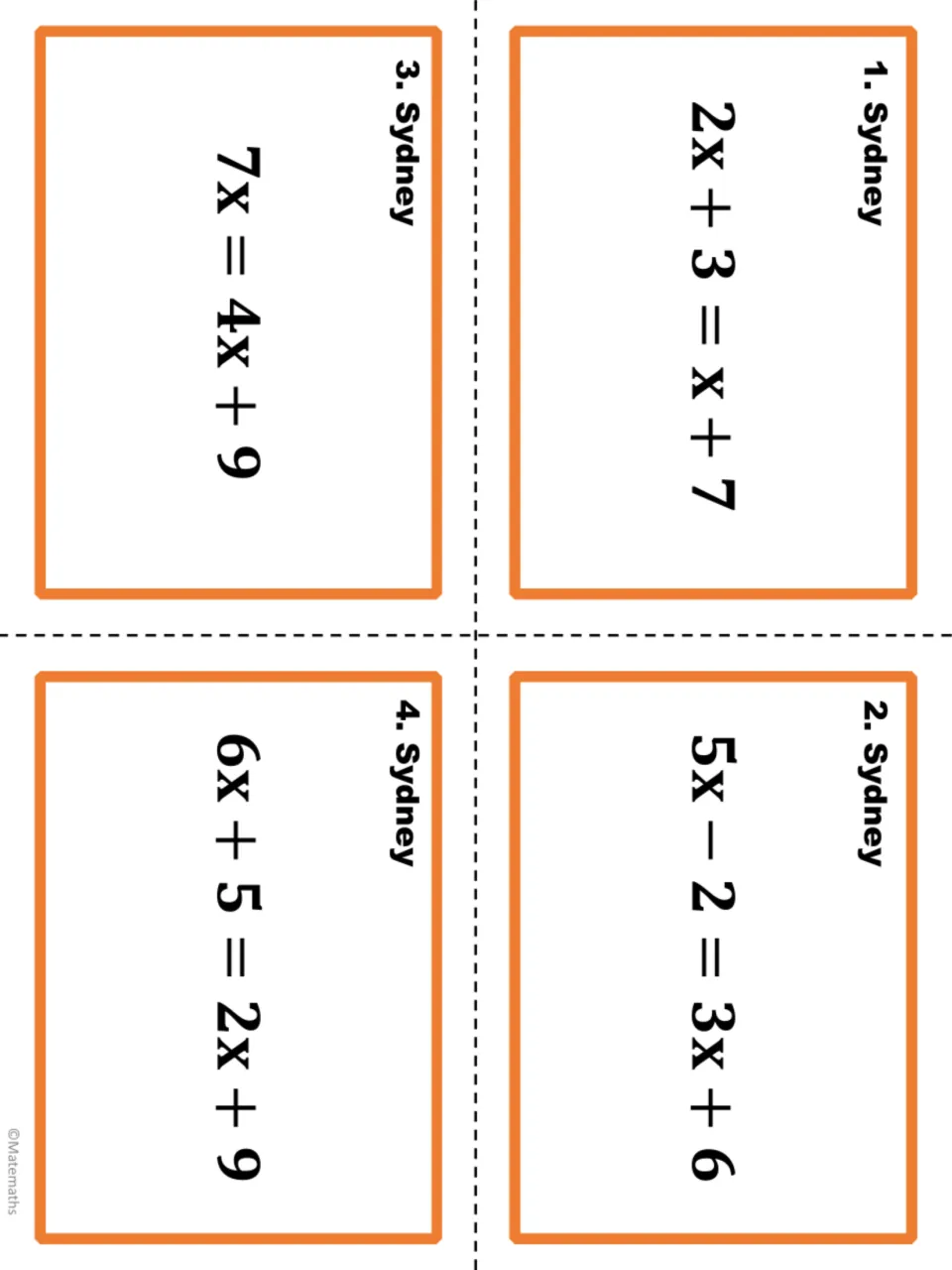 Sydney task cards 1–4 of the algebra set, including 2x + 3 = x + 7, 5x − 2 = 3x + 6, and two more equations