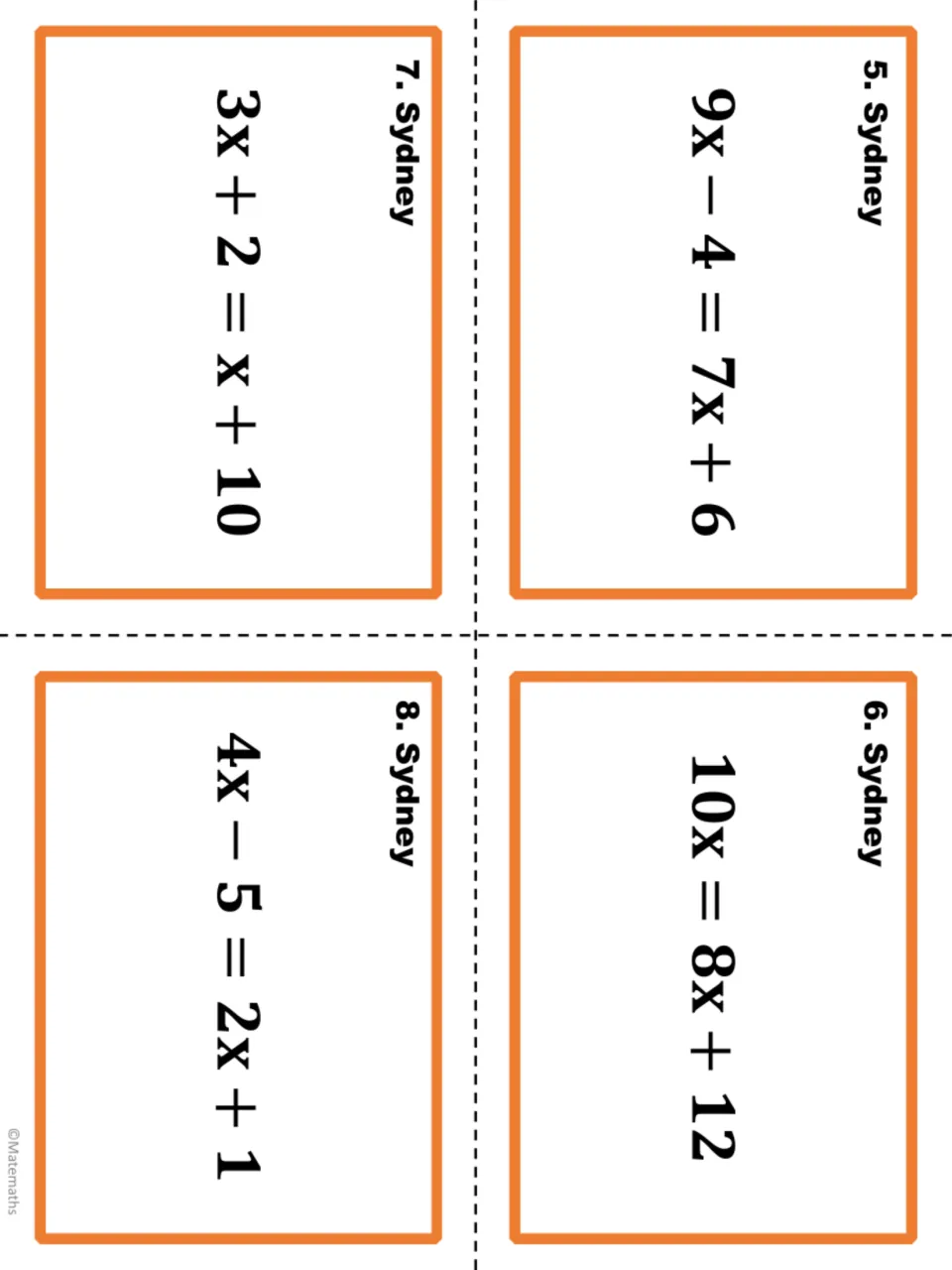 Sydney task cards 5–8 of the algebra set, including 9x − 4 = 7x + 6, 10x = 8x + 12, and two more equations