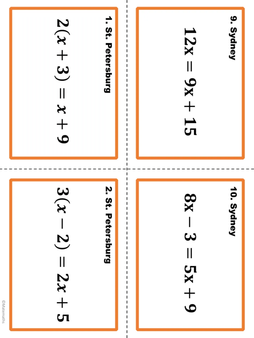 Task cards for Sydney 9–10 and St. Petersburg 1–2, including 12x = 9x + 15 and 2(x + 3) = x + 9