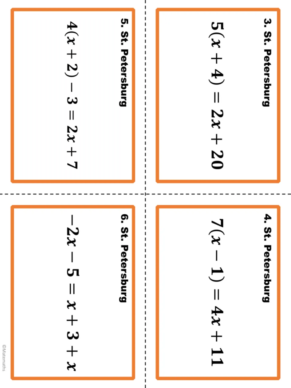 St. Petersburg task cards 3–6: four equations using distribution or like terms, including 5(x + 4) = 2x + 20