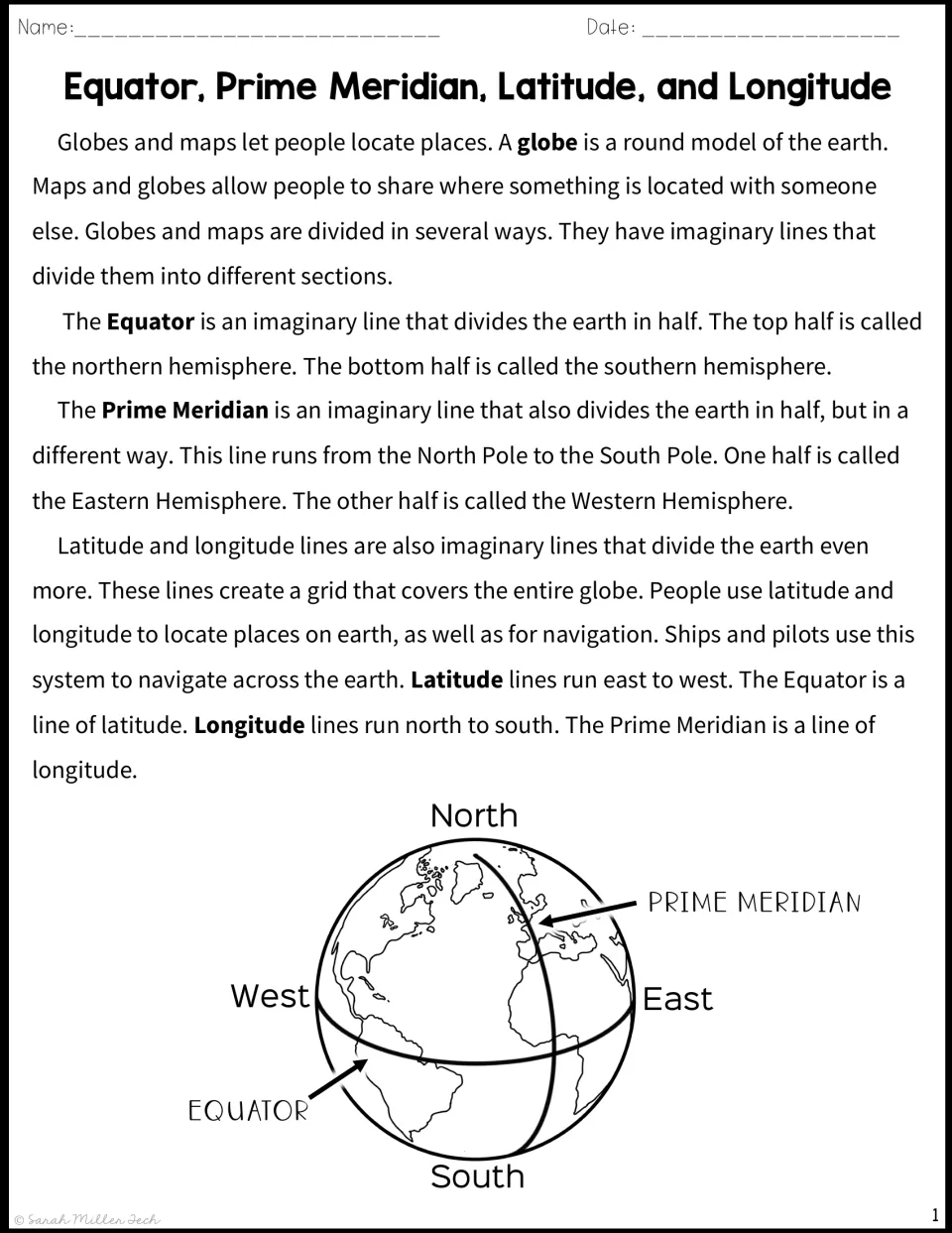 Hemispheres reading passage: students read about the Equator, Prime Meridian, latitude and longitude beside a labeled globe